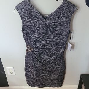 Calvin Klein NWT Charcoal Dress Krinkle Ruched Detail And Rhinetone Broach 12